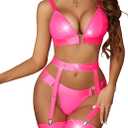 Avidlove Women Lingerie Set Leather Garter 5 Piece Bra and Panty Set Babydoll (Medium, Neon Pink)