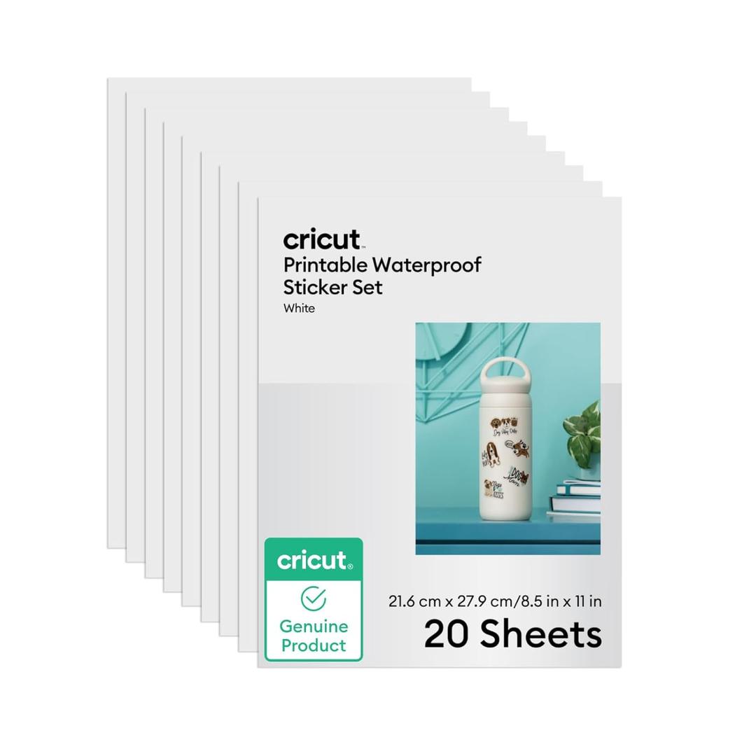 Cricut Printable Waterproof Sticker Set, 20 White Sheets (8.5" x 11") - Compatible with Inkjet Printers - For Joy Xtra, Explore, & Maker Machines