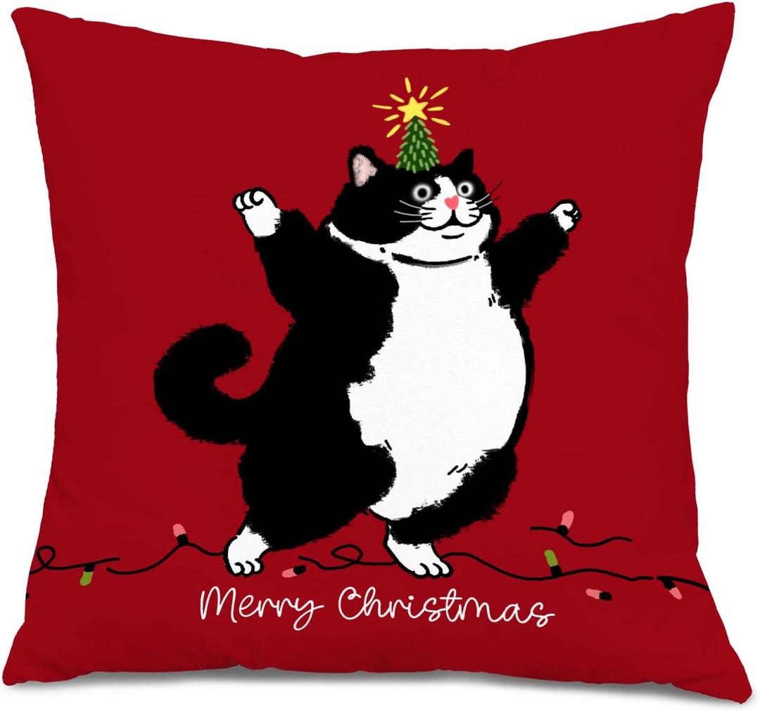 2 x Black and White Fat Cat Christmas Pillow Covers 18x18, Tuxedo Cat Gifts, Cats Lover Gifts, Red Merry Christmas Decorative Throw Pillow Covers for Bedroom Living Room Home (Color 21)