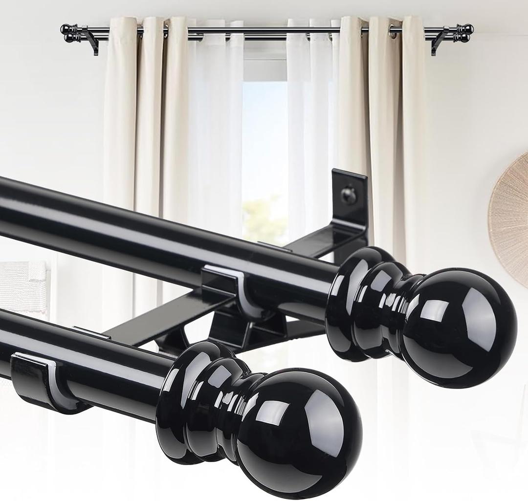 Double Curtain Rod 28-42 Inch, 1 Inch Heavy Duty Adjustable Drapery Rod Set with Brackets, Decorative Curtain Rod for Sheer,Blackout Curtains, for Kitchen Bedroom Living Room Windows -Black