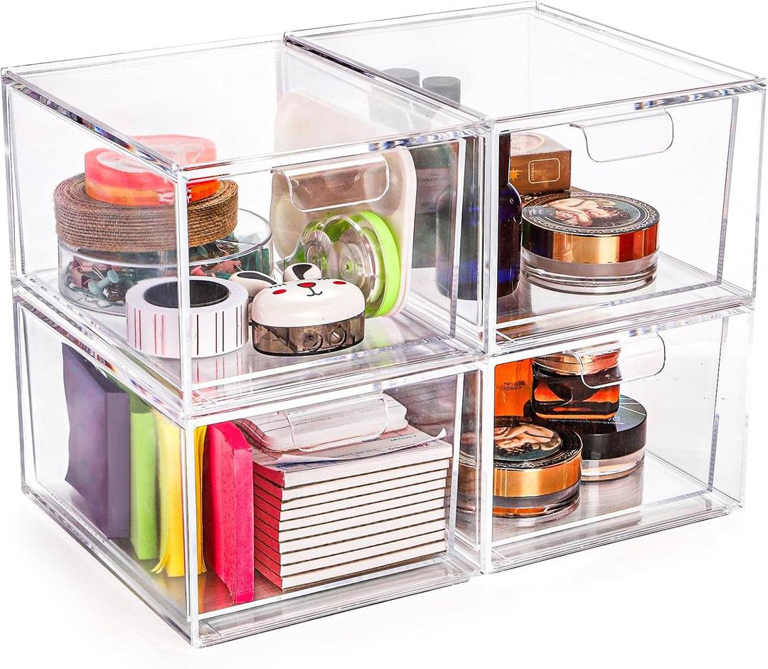 Foraineam 4 Pack Stackable Storage Containers Makeup Organizer Drawers, Acrylic Storage Bins with Pull-Out Drawers, Clear Plastic Cosmetic Display Case For Vanity, Cupboard, Pantry, Kitchen Cabinet
