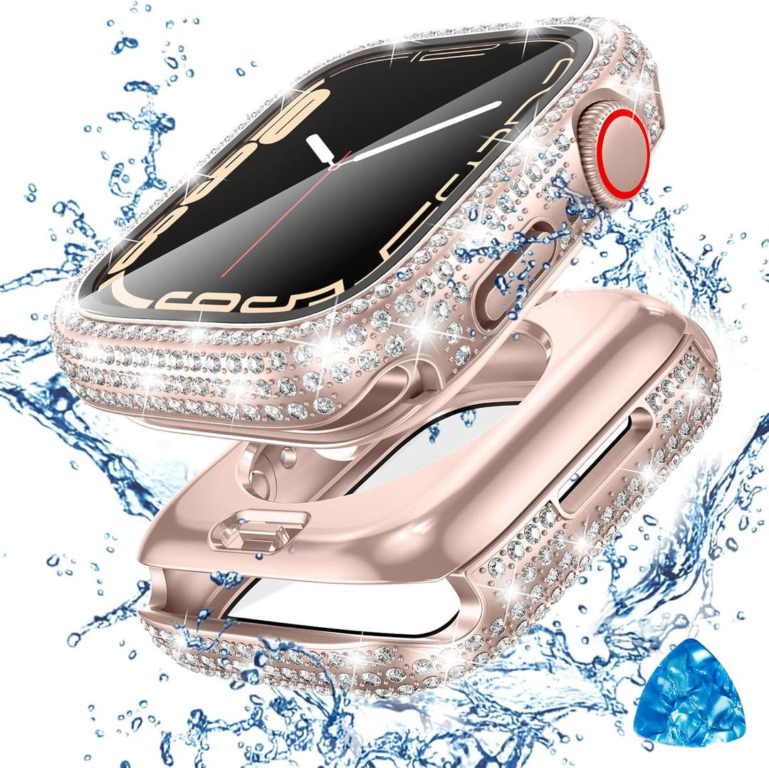 Tensea [2 in 1 for Waterproof Apple Watch Screen Protector Case SE 2nd Generation SE 6 5 4 44mm Accessories, iWatch Hard Diamond Front and Back Bumper Case with Tempered Glass Film, Bling Face Cover