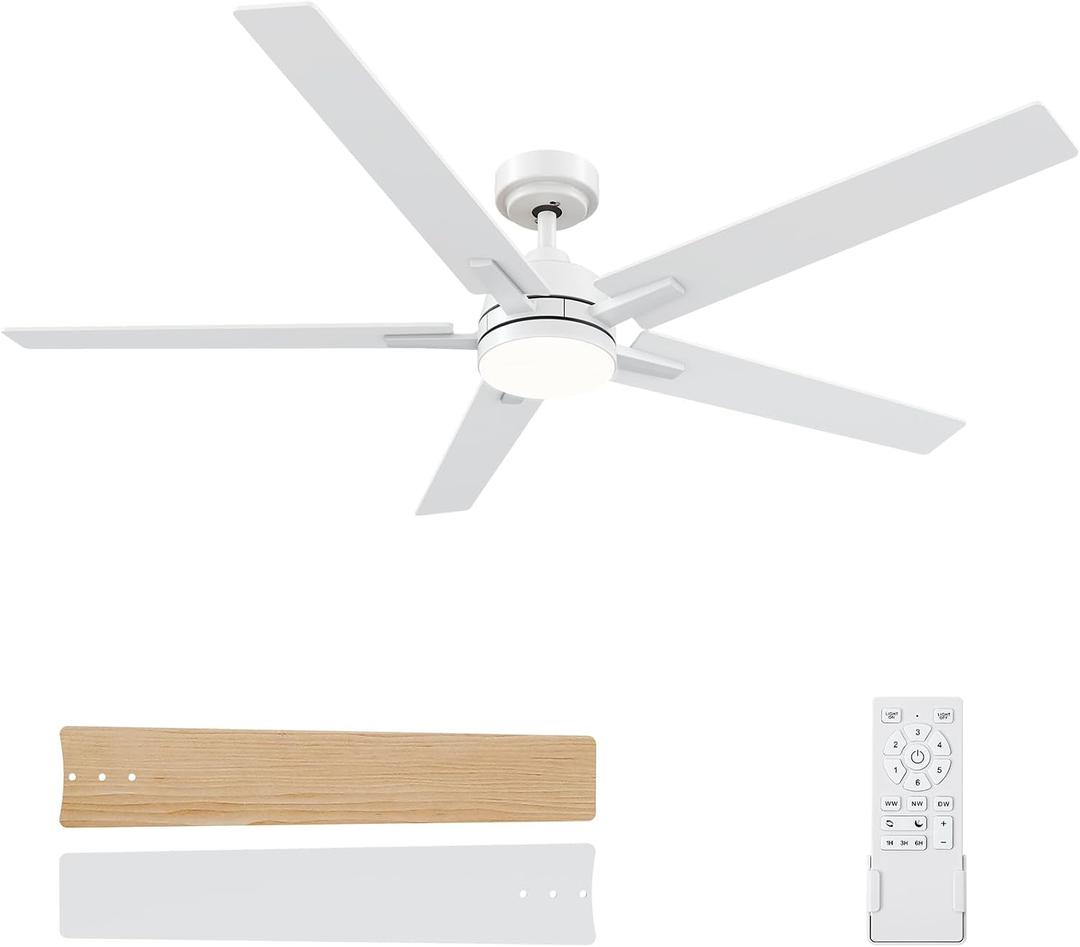 60 Inch White Ceiling Fans with Lights and Remote, Reversible, 3CCT, Dimmable, Noiseless, Large Ceiling Fan for Bedroom, Living Room and Patio, Indoor/Outdoor Use