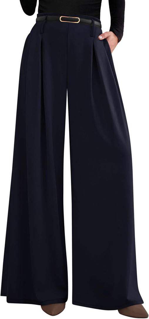 PRETTYGARDEN Womens Wide Leg Trousers 2026 Elastic High Waisted Dress Pants Pleated Slacks Flowy Business Work Palazzo Pants (Small Long, Navy)