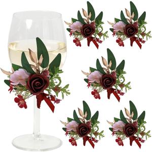 CherishedMoments 6Pcs Wine Cup Flower Set, Dining Tables, Plates DecorationsBurgundy Red Artificial Flowers Wine Cup for Wedding Ceremony Anniversary, Wedding Home Decor (Wine Red)