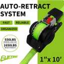 Retractable Ratchet Straps 2 Pack, 1 In X 10 Ft Tie Downs, Green | Auto Self Retracting, 1650 Lbs Break Strength, Reflective Stitching, Rubber Coated S-Hooks, For Motorcycle And ATV