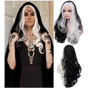 BERON Black White Wig Long Curly Wig Women Girls Wavy Black and White Wig Heat Resistant Wavy Two Tone Cosplay Costume Halloween Wig