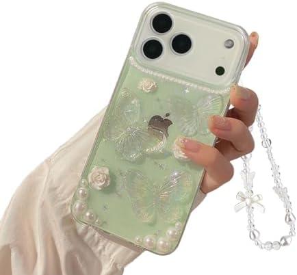 Fycyko Compatible for iPhone 17 Pro Max Case 3D Butterfly Floral Clear Aesthetic Women Teen Girls Glitter Pretty Crystal Sparkle Cute Phone Case Protective Cover+Chain