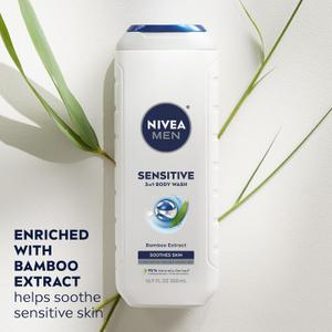 NIVEA MEN Sensitive 3-in-1 Body Wash, Mulitpack, 16.9 FL OZ 3-in-1 Face, Hair and Body Wash for Men with Sensitive Skin, Bamboo Extract, Soap Free, Dermatologically Tested, 1pk