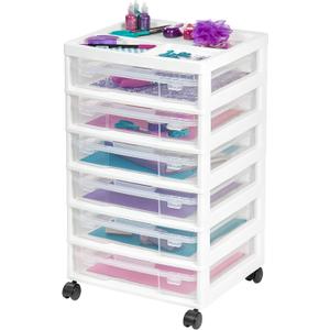 IRIS USA Fits 12" x 12" Paper, 6-Tier Scrapbook Rolling Storage Cart with Organizer for Stationery Vinyl Tools Office Art and Craft Supplies, Yarn, 6 Clear Cases w/ Built in Handle - White/Clear