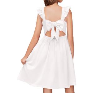 Arshiner Girls Summer Dresses Square Neck Ruffle Sleeve Tie Back A-Line Swing Casual Midi Dress with Pockets (8-9 Years, White)