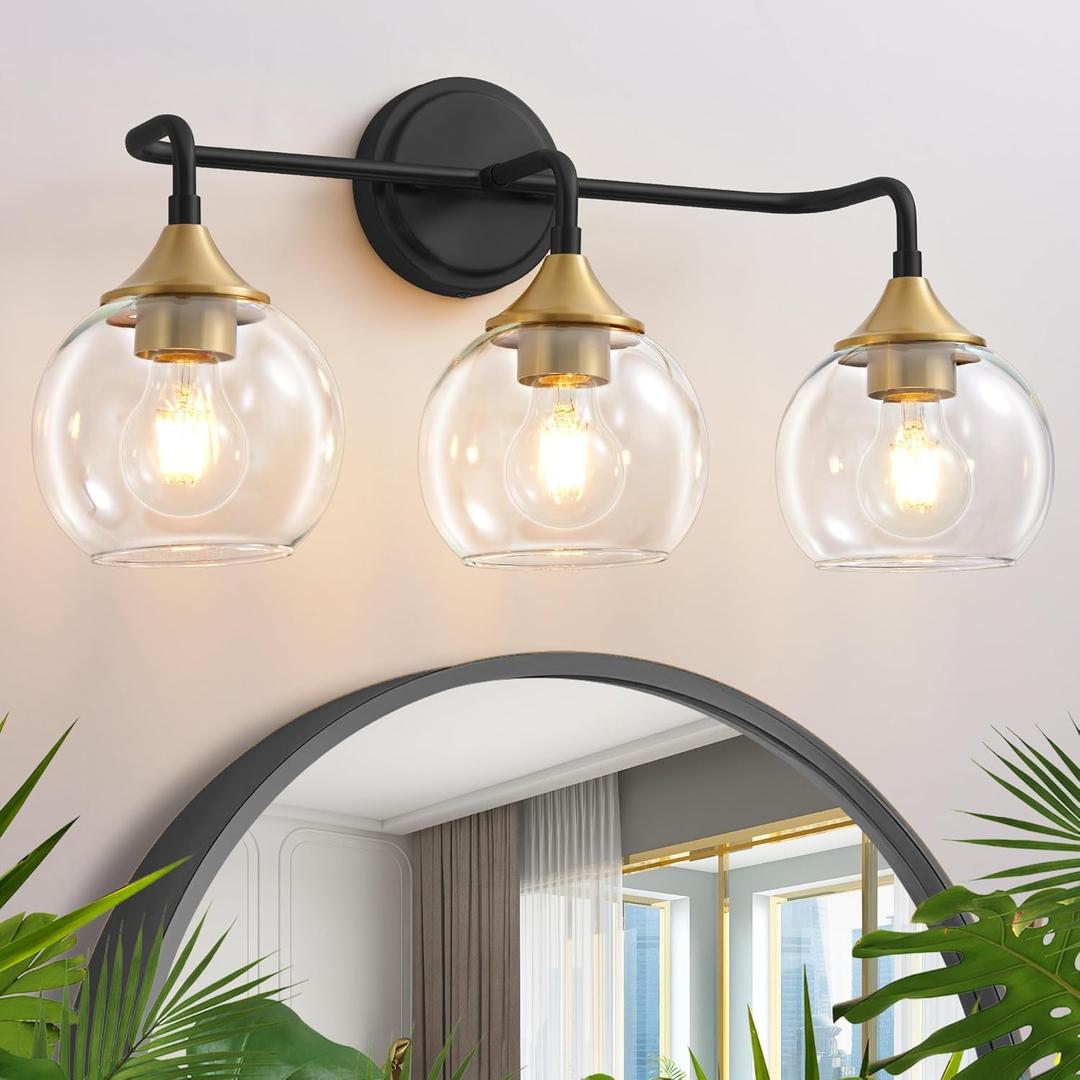 Bathroom Light Fixtures 3 Light Bathroom Vanity Light with Clear Glass Shade, 22 inch Vanity Lighting Fixtures Over Mirror, Black and Gold Vanity Lights Fixture (Exclude E26 Bulb)