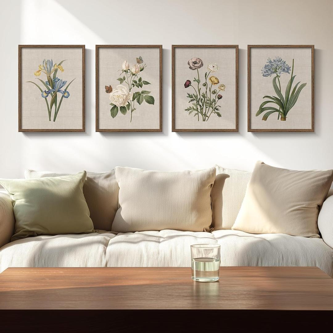 Framed Vintage Botanical Wall Art, 4 Piece Rustic Floral Painting Canvas Prints for Living Room Bedroom Dining Room Kitchen Hallway, Flower Butterfly Pictures for Farmhouse Wall Decor, 12x16 Inch