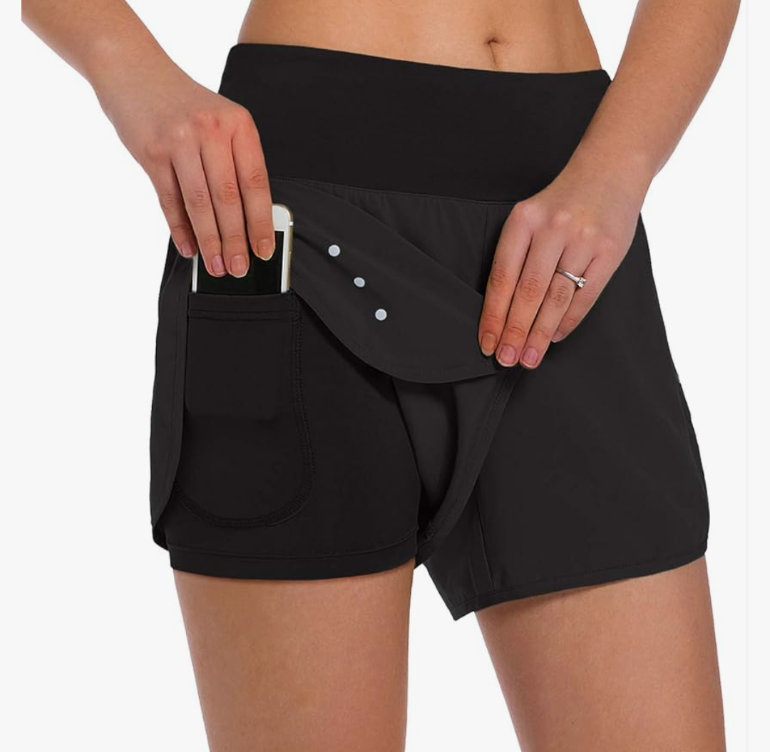 Ksmien Women's 2 in 1 Running Shorts - Lightweight Athletic Workout Gym Yoga Shorts Liner with Phone Pockets, Size XS