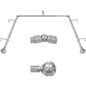 KAMANINA Bay Window Curtain Rods, Telescoping Splicing Curtain Rods for Bay Windows 32 to 86 Inch(Center Rod), Silver drapery Rods 32 to 58 Inch(Side Rods), Netted Texture Ends