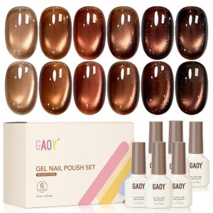 GAOY Brown Cat Eye Fall Gel Nail Polish Set with Magnet, 6 Colors Champagne Mocha Golden Brown Glitter Gel Holography, Long Lasting for Nail Art at Home & Salon Manicure