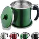 Kyraton Bacon Grease Container With Strainer, 48 oz Metal Shining Green Coating Oil Container, Pot Fat Storage With Lid, Easy Grip Handle Suitable For Storing Frying Oil And Cooking Grease