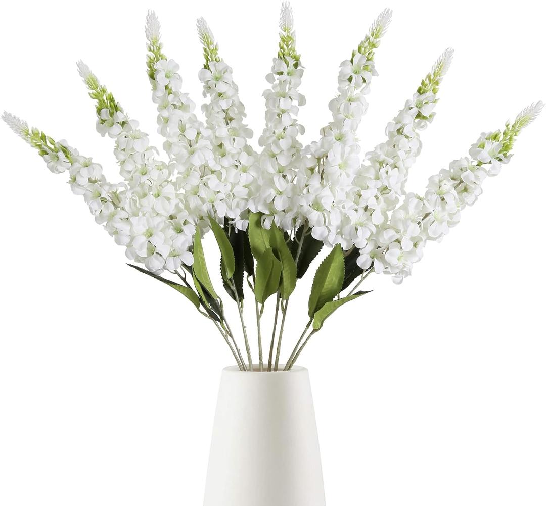 IPOPU 8PCS White Snapdragon Artificial Flowers Delphinium Artificial Silk Flowers Long Stem Hyacinth Fake Flowers for Wedding Home Outdoor Party Floral Arrangement Centerpiece Table Decoration (White)