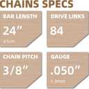 4 Pack 24 Inch Chainsaw Chain .050" Gauge, 3/8" Pitch, 84 Drive Links, 24 Inch Replacement Chains Fit for Husqvarna 460, 460 Rancher, Stihl MS 260, Echo, Poulan, Makita and More