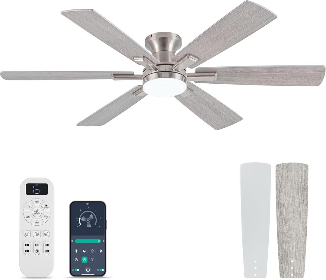 Ceiling Fans with Lights and Remote Control, Brushed Nickel Flush Mount Ceiling Fan with Light 3-Color Dimmable, Memory for Lighting and Fan Reversible, 6-Speed, Timer, Indoor/Outdoor Use, 52 Inch