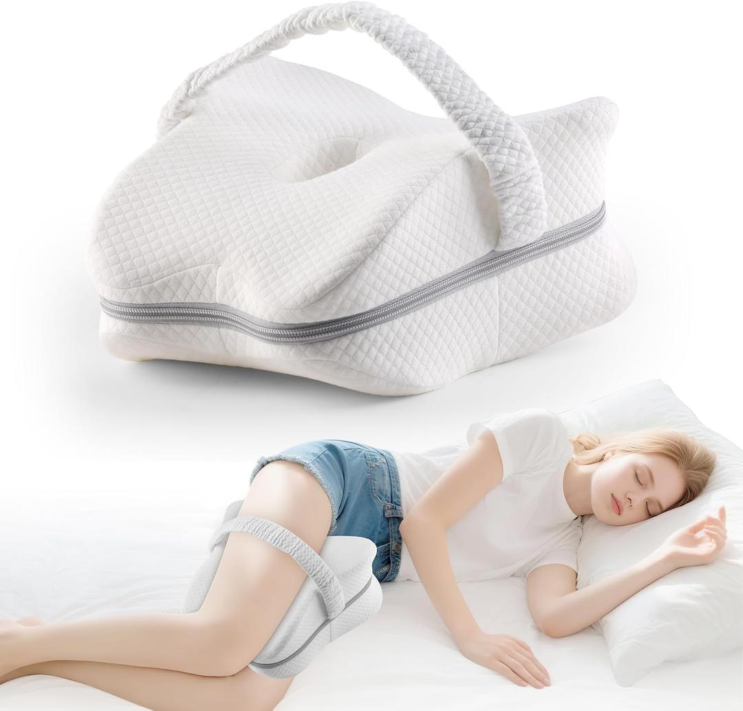Side Sleeper Knee Pillow with Strap - Memory Foam Leg Cushion for Sciatica & Hip Pain Relief, Improve Spine Alignment (White)