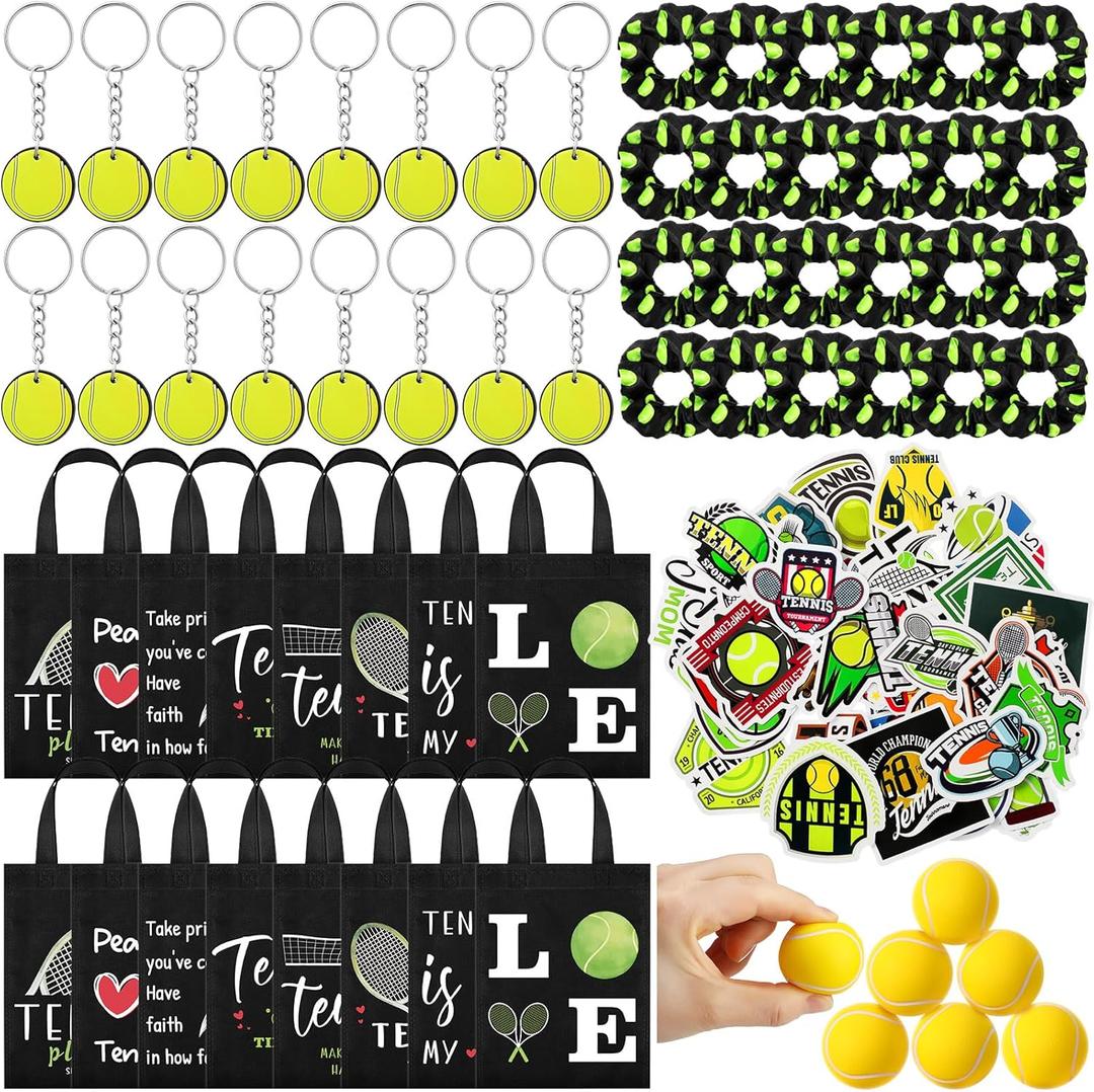 146 Pcs Tennis Gifts for Teen Girls Bulk Tennis Party Favors 24 Goodie Bags 24 Keychains 50 Stickers 24 Hair Ties 24 Sports Stress Ball for 24 Players Team Stuff