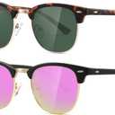AEVOGUE Polarized Sunglasses For Women And Men Semi Rimless Frame Retro Sun Glasses AE0369 (Matte Tortoiseshell Green Lens&matte Black Pink Mirror)