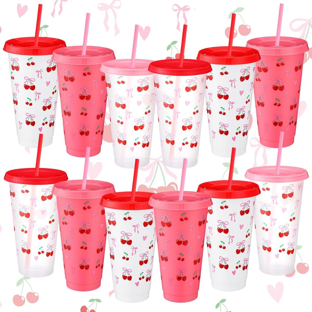 Skylety 12 Pcs Pink Bow Cherry Plastic Tumbler with Lids and Straws 24 oz Reusable Coquette Bow Plastic Tumbler Ice Drinking Cold Cup for Birthday Bridal Shower Wedding Party Supplies (Multicolor)