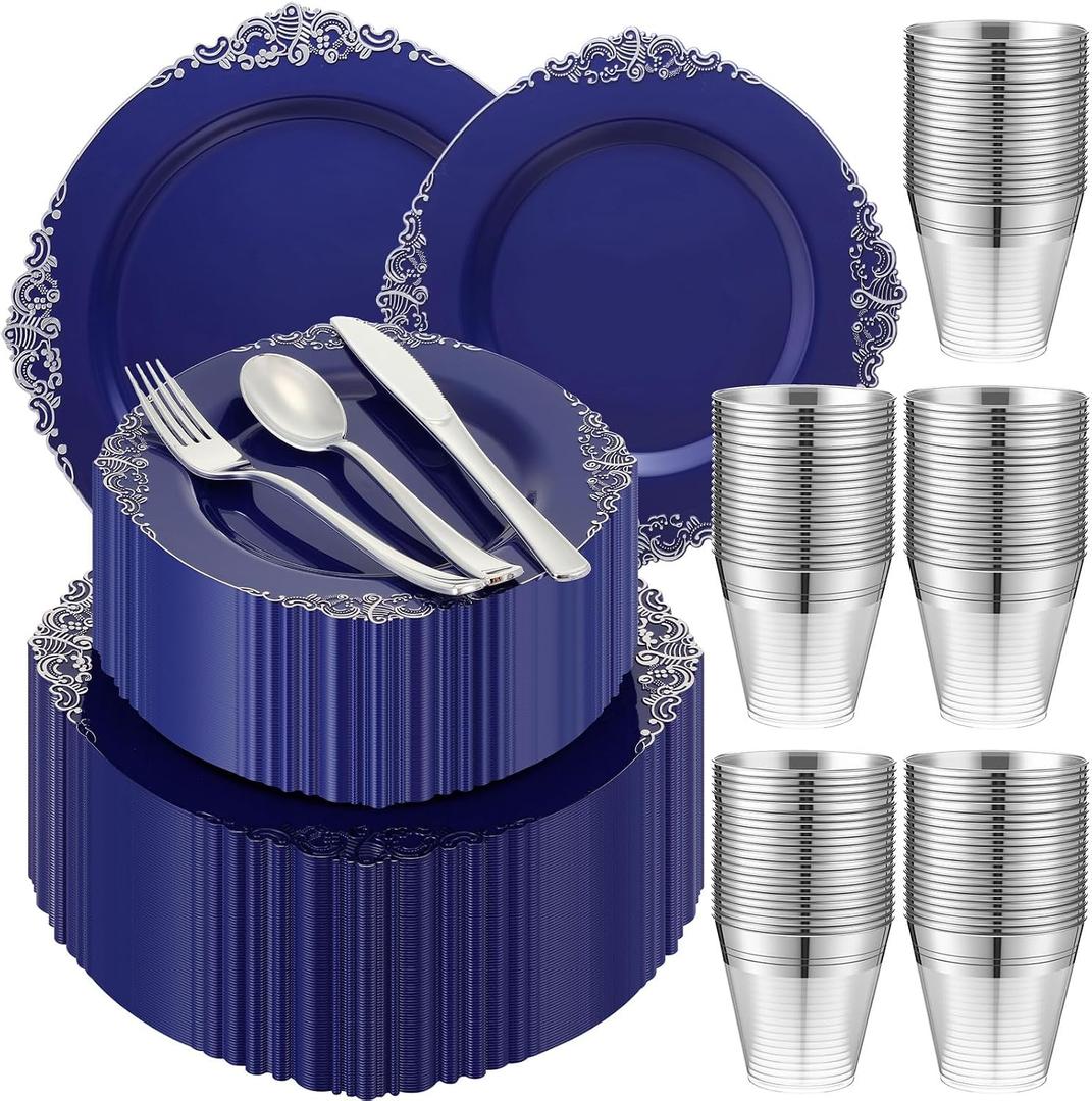 Umigy 450 Pcs Navy Blue Plastic Plates Heavy Duty Blue and Silver Disposable Dinnerware, Include 75 10. 2" Dinner Plates, 75 7. 5" dessert Dinnerware and 225 Silver Silverware for Weddings Party