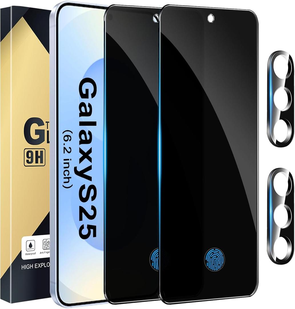 [2+2 Pack Privacy Screen Protector Compatible with Galaxy S25 5G, 2 Tempered Film - 2 Camera Lens Glass - High Clarity - Anti-Spy Protection - Scratch Resistant - Easy Installation