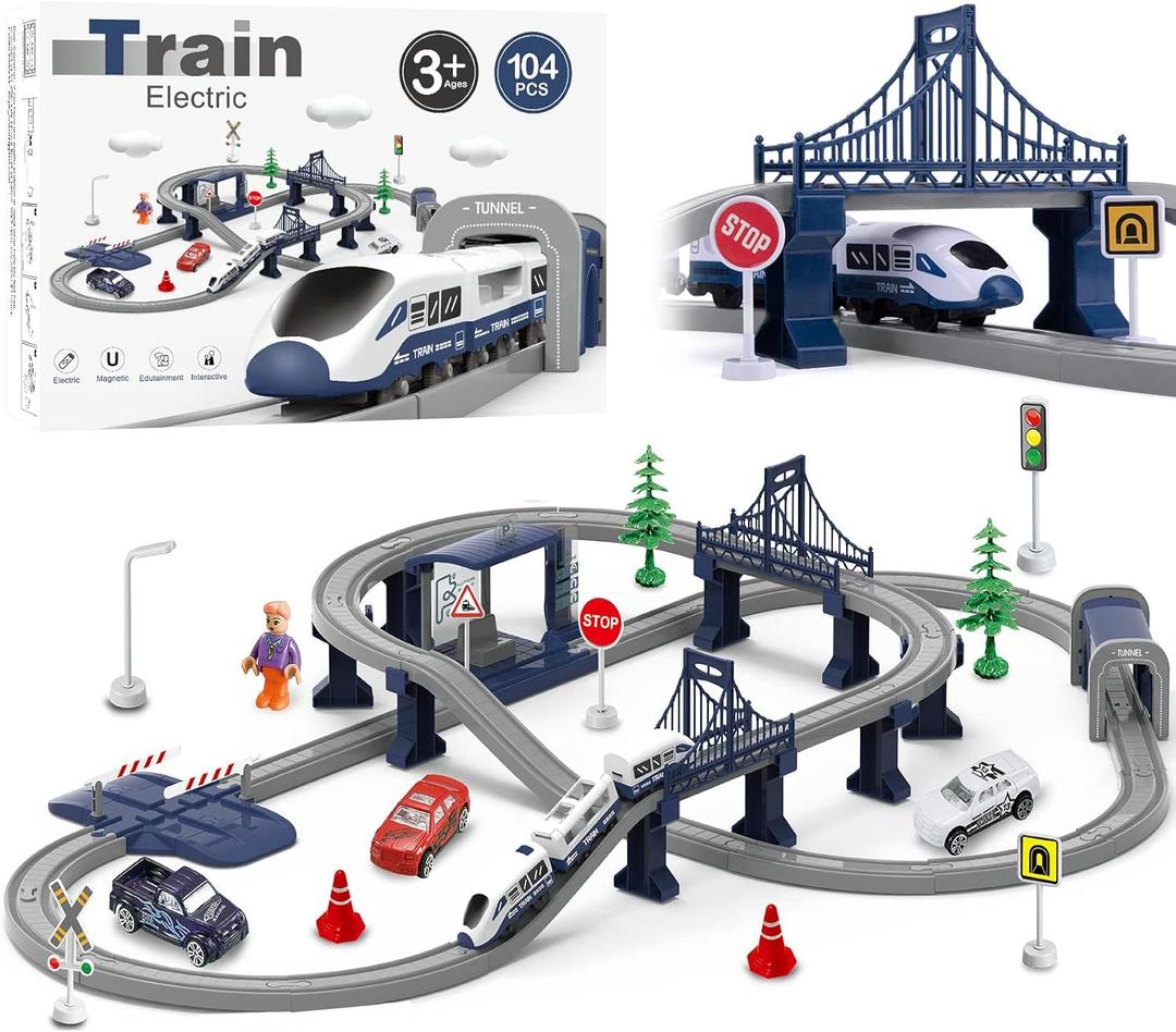 Train Sets for Boys 4-7, Battery Operated Train Set with Tracks(Magnetic Connection), Compatible with Thomas, Brio, Chuggington, Gifts for 3 4 5 6 Years Old (City 104 Pcs)