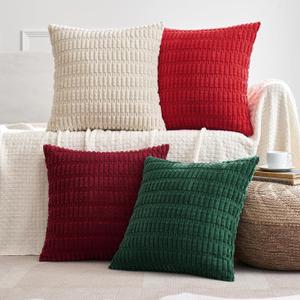 MIULEE Pack of 4 Boho Farmhouse Red and Green Corduroy Decorative Throw Pillow Covers 20x20 Inch Retro Soft Striped Pillow Covers Home Decor for Sofa Living Room Couch Bed (20" x 20" (Pack of 4), Red and Green)