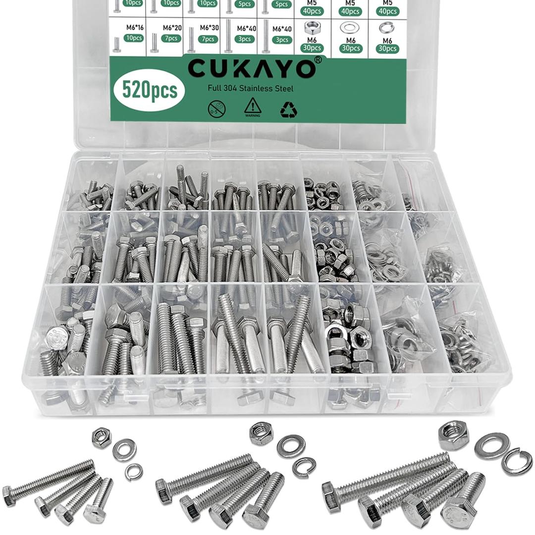 520pcs Hex Bolt and Nuts and Washers Assortment Kit, 304 Stainless Steel Bolt Kit-M4 M5 M6, with Spring Lock Washers