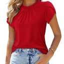 Frilled Neck Women's Short Sleeve Shirt, Red, Size XXL