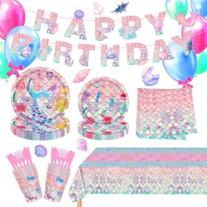 123Pcs Mermaid Birthday Party Decorations Set Mermaid Party Supplies Includes Plates, Napkin, Fork, Cup, Tablecloth, Banner for Baby Shower Ocean Birthday Party Decorations, Serves 24