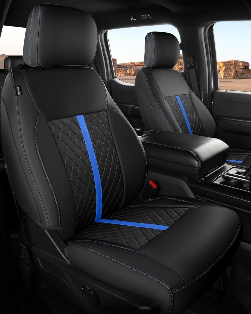 for Ford F150 Leather Seat Covers, SuperCrew XL XLT 2021-2026, F250 F350 F450 Super Duty Crew Cab 2023-2026, Custom Truck Seat Cover Full Set, Pickup Accessories, Black Blue (Bucket Seat)