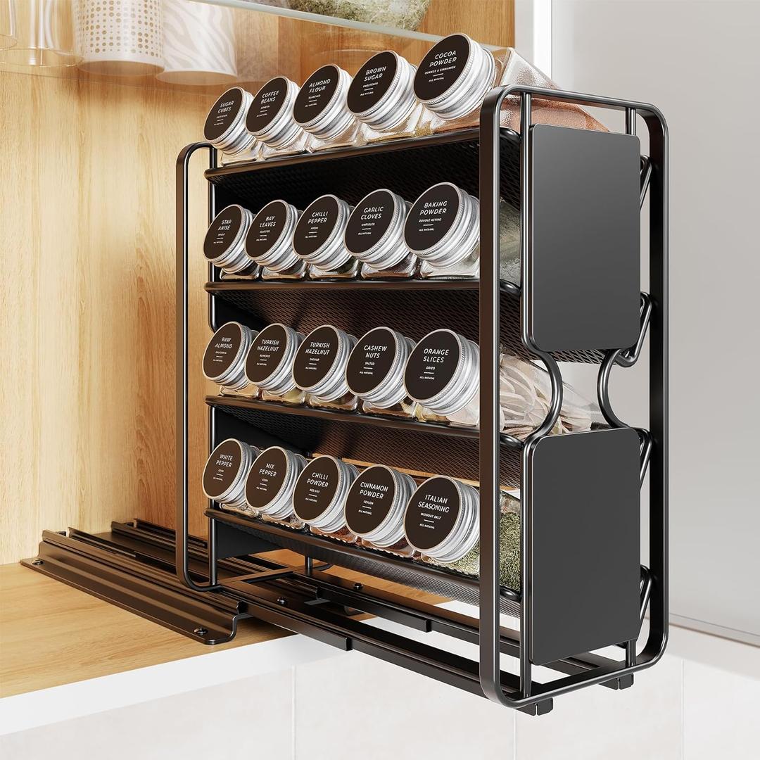 Spice Rack Organizer Drawer Cabinet: Pull Out Spice Seasoning Organization with 20 Jars - Facing Left or Right with Labels and Chalk Maker 4 Tier Slide Out Kitchen Storage for Countertop Wall Mount