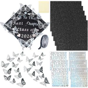 Wavwavw 37 Pcs DIY Graduation Cap Decorations Kit, Glitter Papers, 3D Butterfly Self Adhesive Rhinestones Stickers Alphabet Letter Stickers for 2026 Grad Hat Decor Party Supplies(Black)