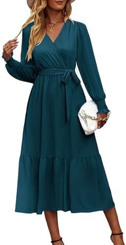 PRETTYGARDEN Women's Floral Boho Dress Fall Long Sleeve Wrap V Neck Ruffle Flowy Maxi Spring Wedding Guest Vacation Dresses Size XL