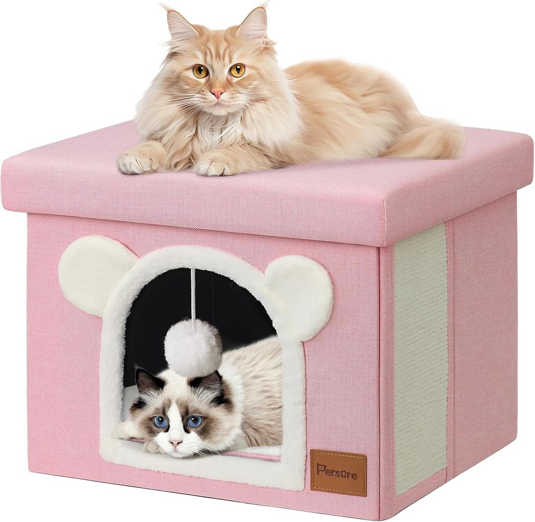 Covered Cat House Cat Bed for Indoor Cats Multifunctional Living Room Footstool Kitty Condo with Double-Sided Mat and Cat Scratching Board (Pink, Footstool)