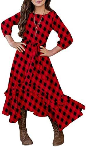 MITILLY Girls Loose Plain 3/4 Sleeve Casual Pocket Ruffle Swing Long Maxi Dress with Belt 6-7Y