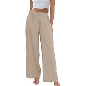 Duyang Womens Cotton Linen Palazzo Pants Drawstring Elastic Waist Casual Wide Leg Trousers with Pockets (XS)