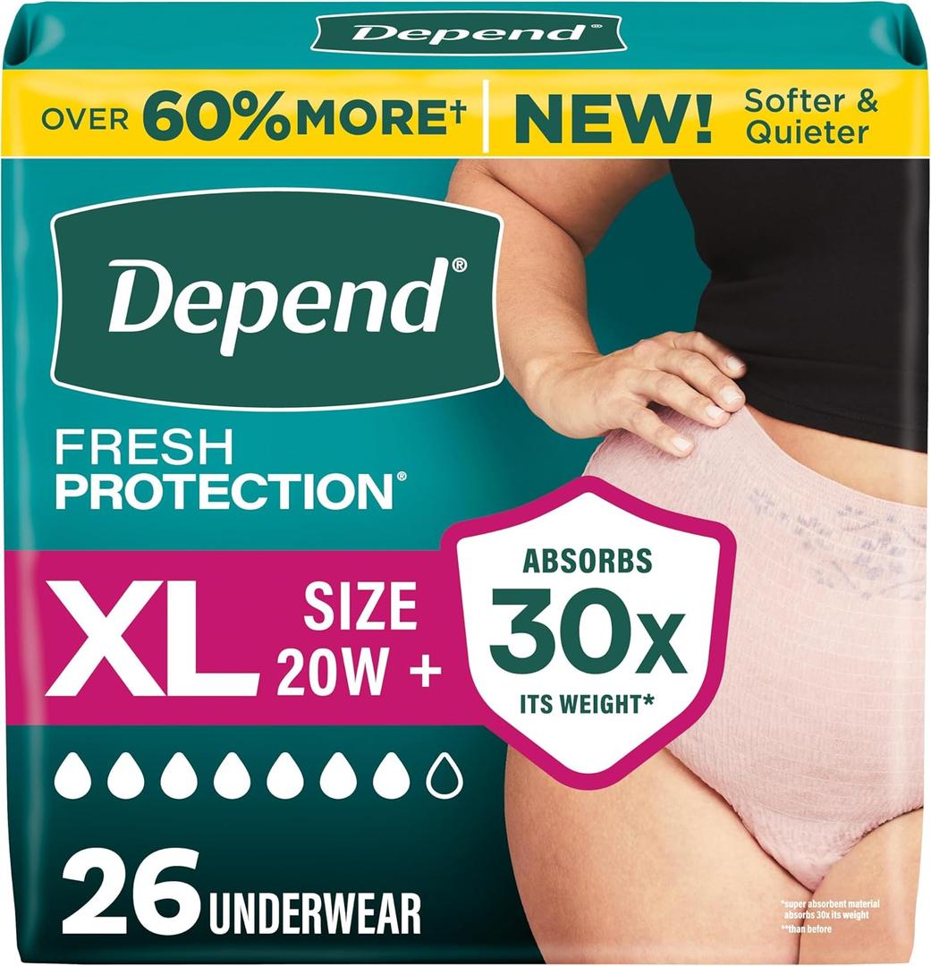 Depend Fresh Protection Adult Diapers, Incontinence & Postpartum Bladder Leak Underwear for Women, Disposable, Maximum, ExtraLarge, Blush, 26 Count