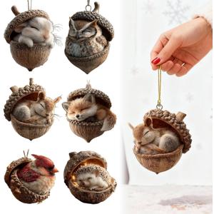 6Pcs Enchanted Forest Animal Ornament Set, Whimsical Acorn & Pine Cone Figurines for Christmas Tree, Cozy Woodland Theme 2D Acrylic Decor for Home, Gift for Nature Lovers