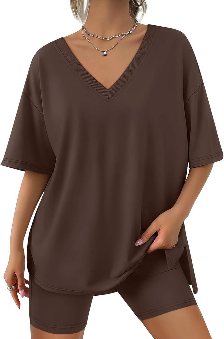 Trendy Queen Womens Two Piece Lounge Sets Summer Outfits 2025 Spring Fashion Vacation Tops Shorts Matching Tracksuits (Large, Brown)