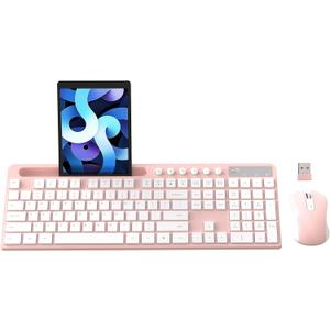 Wireless Keyboard and Mouse Combo, MARVO 2.4G Ergonomic Wireless Computer Keyboard with Phone Tablet Holder, Silent Mouse with 6 Button, Compatible with MacBook, Windows (Pink)