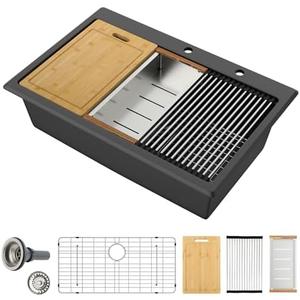 Sarlai 33 Inch Composite Granite Kitchen Sink Drop In - 33x22 Inch Black Kitchen Sink Workstation Granite Topmount Sink Matte Black Quartz Classic Above Counter Single Bowl Sink Basin