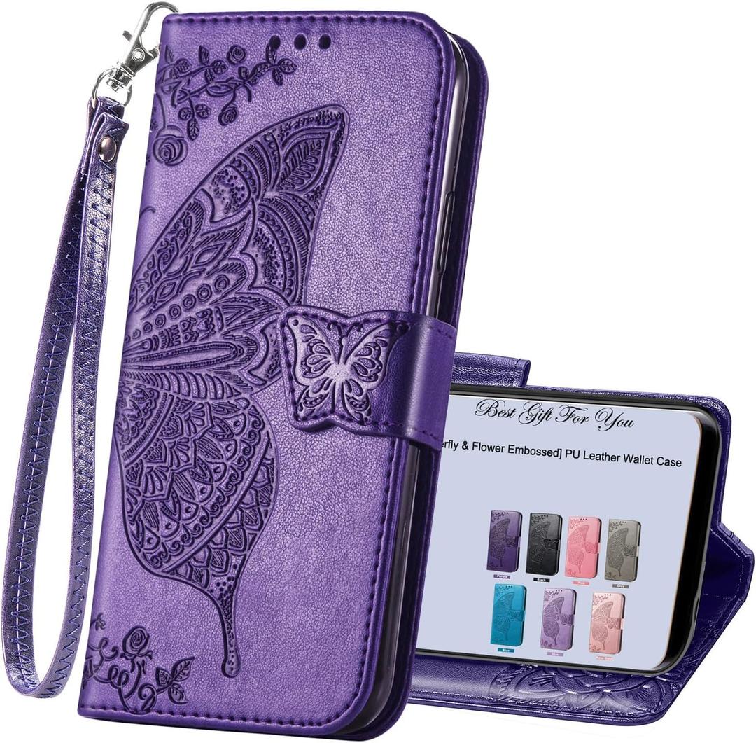 HAOTP for Samsung Galaxy A15 5G Phone Case Wallet,Women Flip Folio Cover Credit Card Holders Emboss Butterfly Flower PU Leather Purse Wrist Strap Kickstand Case for Samsung Galaxy A15 5G Purple