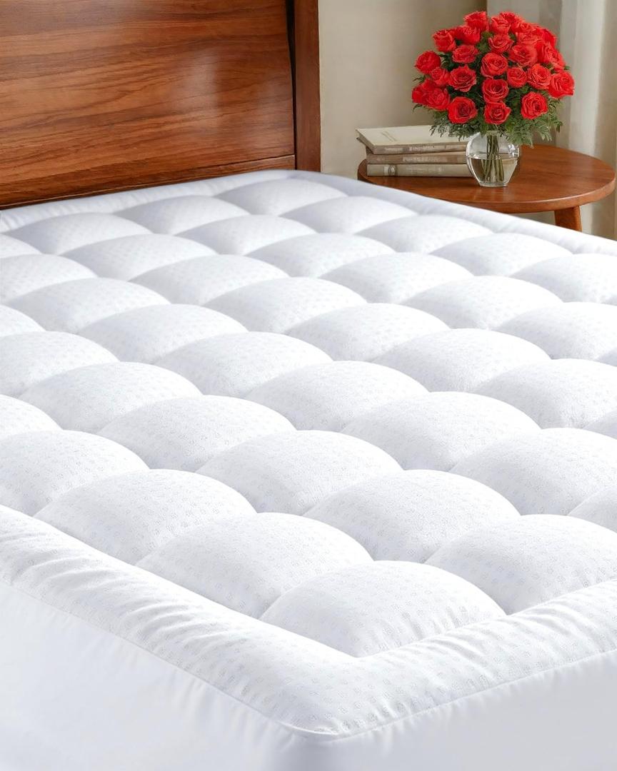 Mattress Pad Queen Size  Quilted Fitted Mattress Protector  Cotton Pillow Top Cover w/ 8-16" Deep Pockets  Thick, Comfy & Plush  Cooling, Breathable & Noiseless  Machine Washable  60 x 80(White)