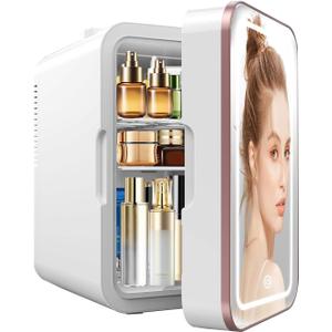 Skincare Fridge, 6L/10 Can Mini Fridge for Bedroom with Dimmable LED Mirror, Portable Cooler & Warmer Small Compact Refrigerator for Skincare, Cosmetics, Bedroom and Office, White